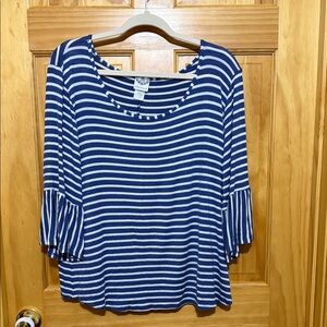 Late August Blue & White Striped Women's Top with Bell Sleeves.  Plus Size 1X.